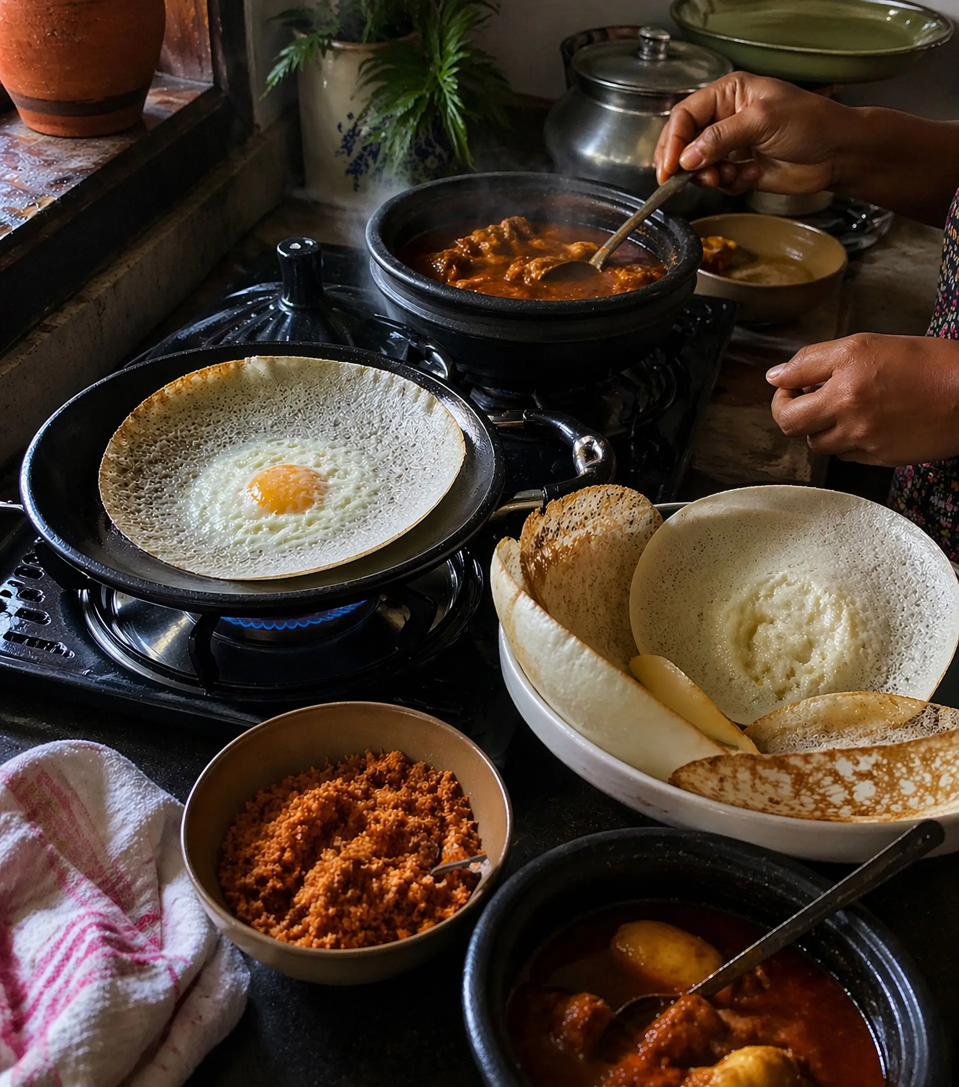 Äggappam som steks i pannan, med pol sambol, curry och nygräddade appam till en lankesisk frukost